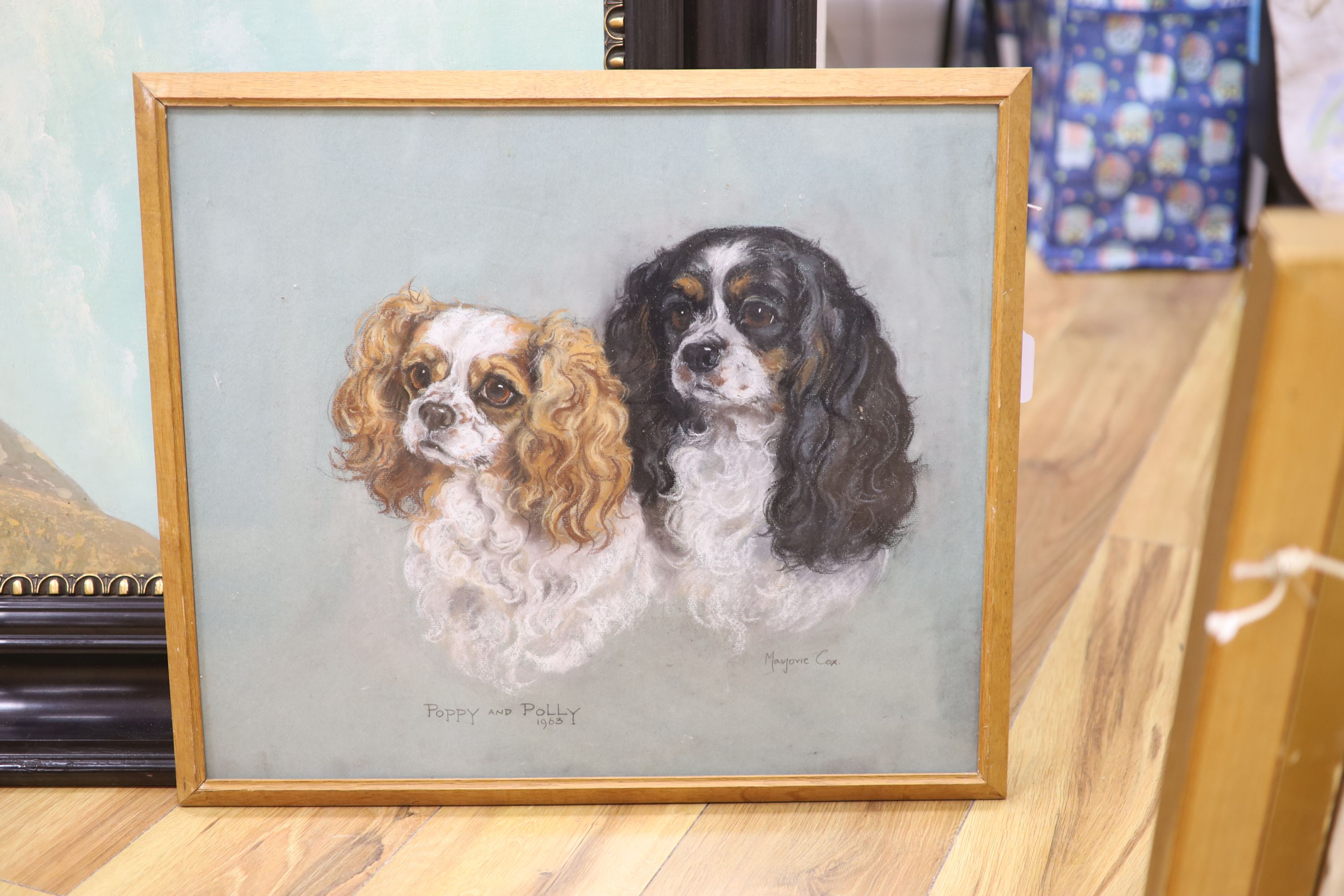 Marjorie Cox (British, 1915-2003) ‘Poppy & Polly’, Study of two Cavalier King Charles Spaniels, signed and dated 1963, Castle on paper, framed and glazed, 43 x 50cm.